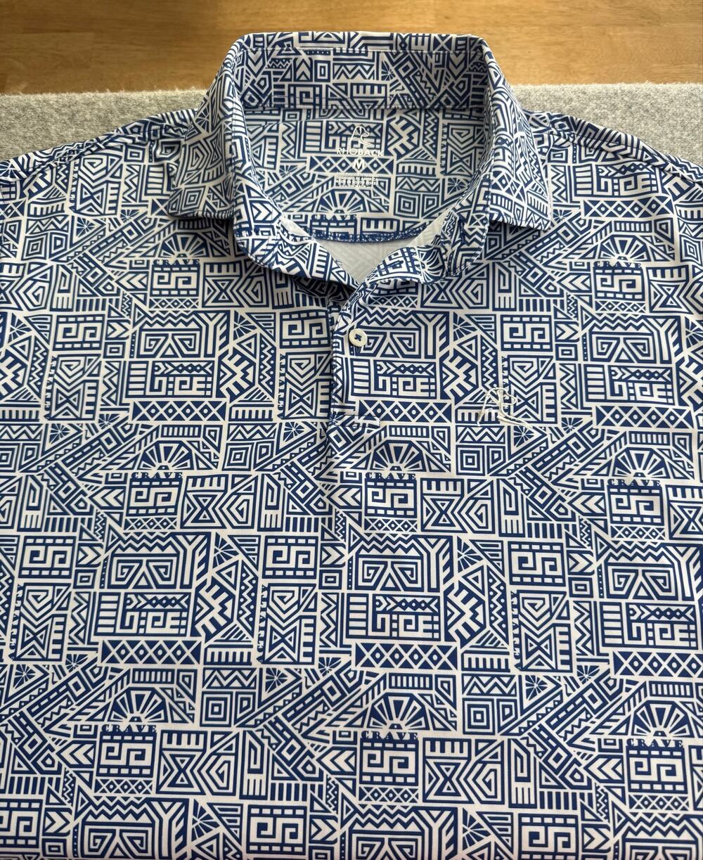 Rhoback Crave Activity Blue Aztec M Short Sleeve Performance Polo Golf Shirt